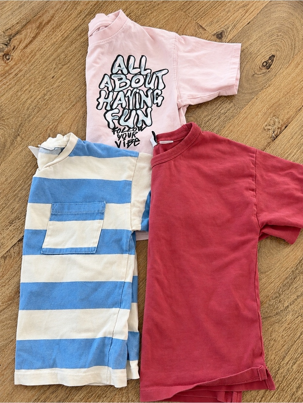 Zara Kids Short-Sleeve Tee Set — Pink Graphic, Blue & White Stripe, Red